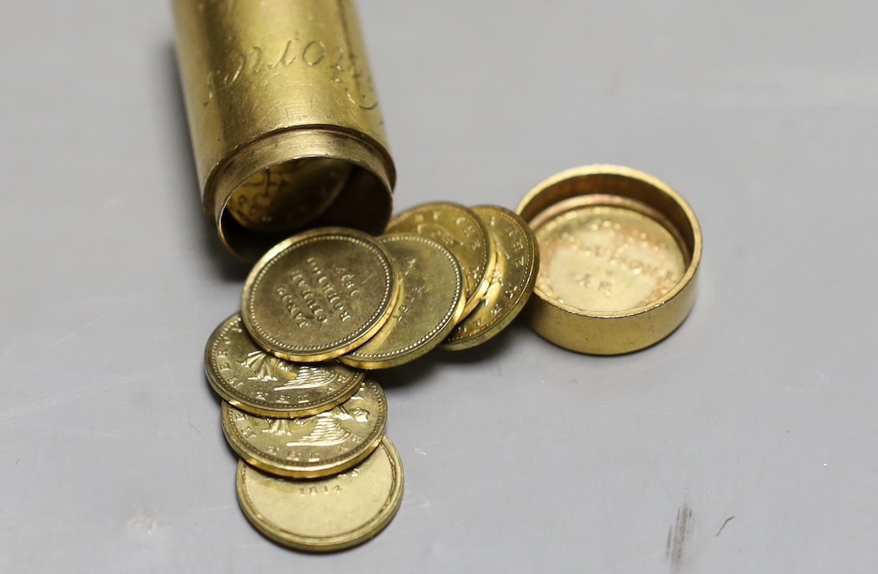 Marquis of Wellington’ British Victories in the Peninsular Campaign cylindrical brass box by Thomason & Jones, containing 23 gilt medallions, together with a cased silver commemorative medallion